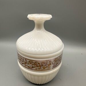 Vintage White milk Glass Decorative Lidded Jar with Gold Scroll Accent